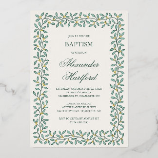 Botanical border classic foil baptism invitation