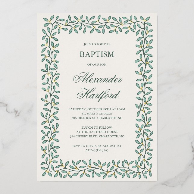 Botanical border classic foil baptism invitation (Front)