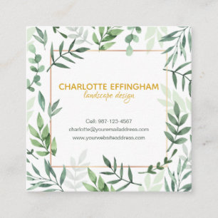 Botanical Border Gold Green Square Business Card