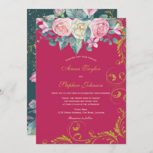 Botanical Bouquet Magenta Faux Gold Glitter Swirls Invitation