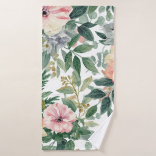 Botanical Bouquet Watercolor Eucalyptus Leaves Bath Towel