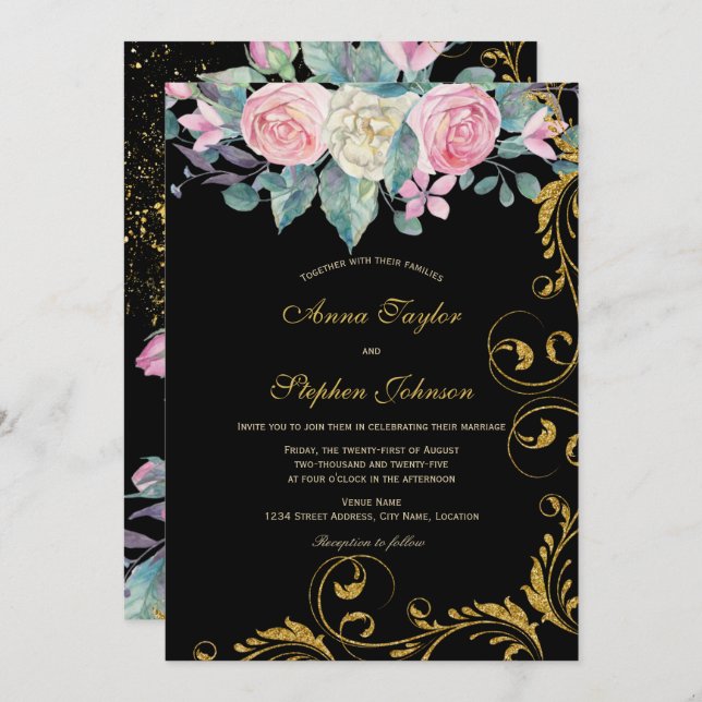 Botanical Bouquet with Faux Gold Glitter Swirls Invitation (Front/Back)