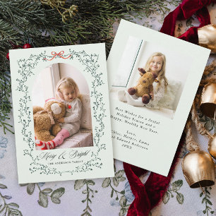 Botanical Bow Merry & Bright 2 Photo Mint Holiday Card
