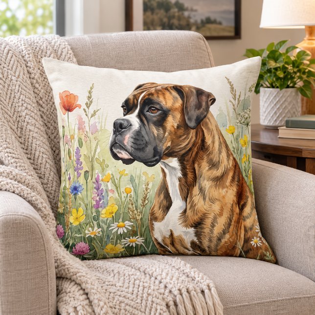 Botanical Boxer Dog Throw Pillow (Creator Uploaded)