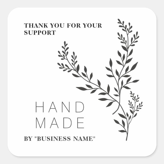 Botanical Branches White Simple Handmade Business Square Sticker (Front)