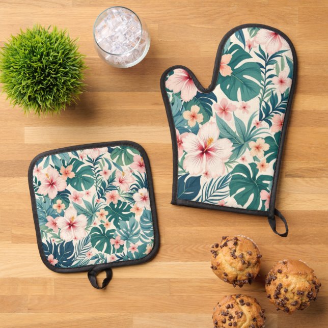 Botanical Breeze – Tropical Floral Oven Mitt & Pot Oven Mitt & Pot Holder Set (Top Down)