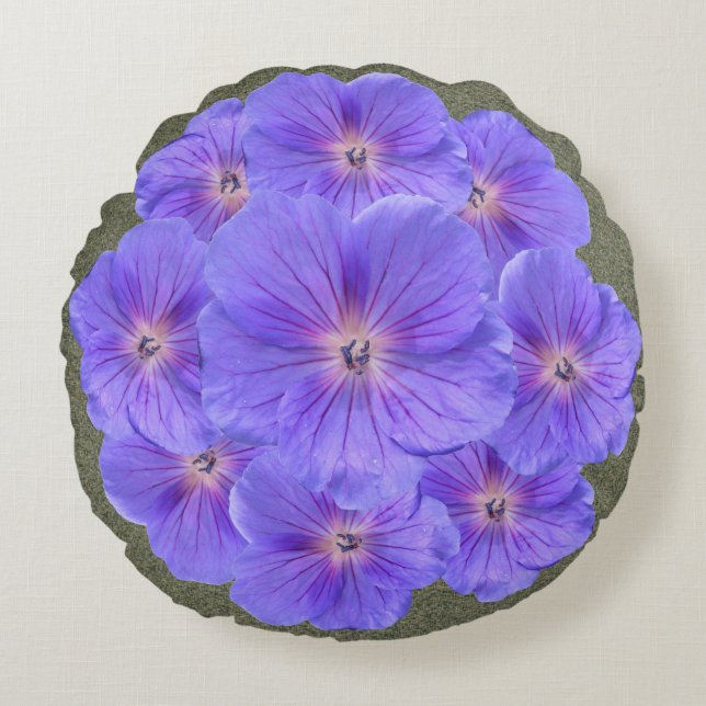 Botanical Bright Blue Geranium Flowers Round Pillow (Front)