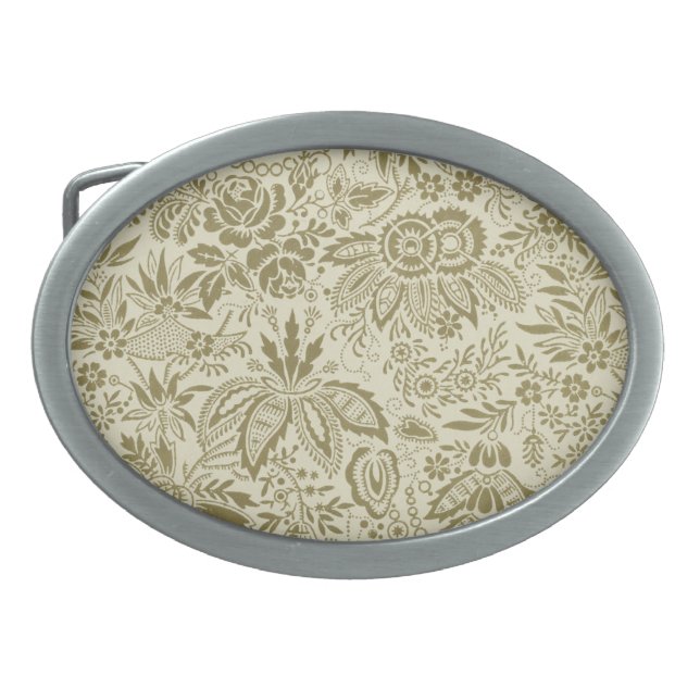 Botanical Brocade Toile Floral Green Sage Pattern Belt Buckle (Front)