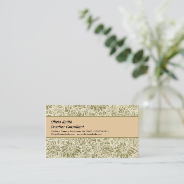Botanical Brocade Toile Floral Green Sage Pattern Business Card (Standing Front)