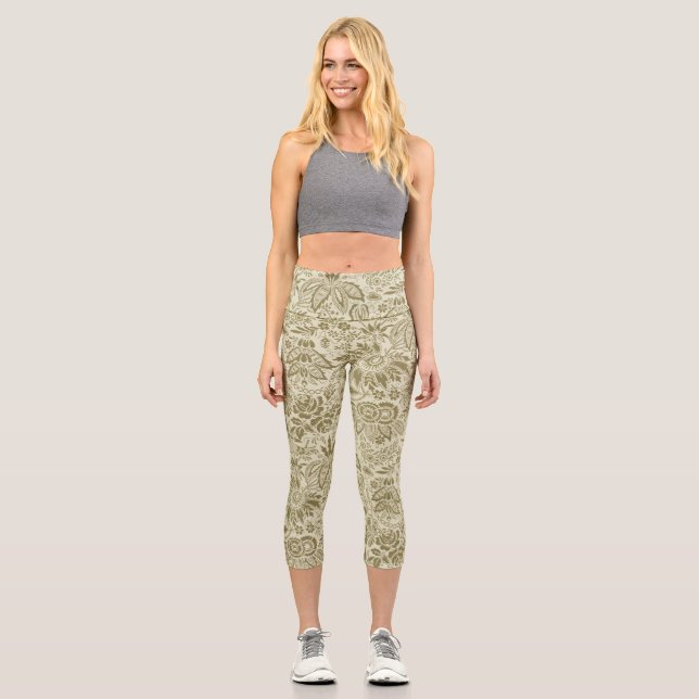 Botanical Brocade Toile Floral Green Sage Pattern Capri Leggings (Front)