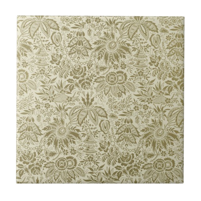 Botanical Brocade Toile Floral Green Sage Pattern Ceramic Tile (Front)