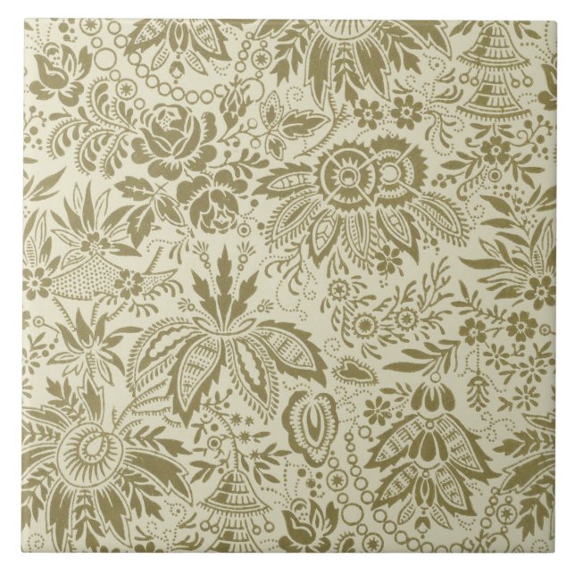 Botanical Brocade Toile Floral Green Sage Pattern Ceramic Tile (Front)