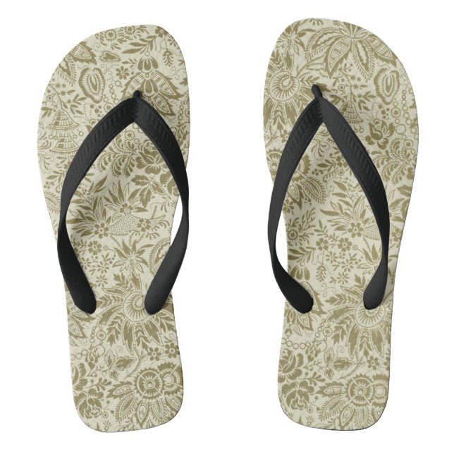 Botanical Brocade Toile Floral Green Sage Pattern Flip Flops (Footbed)
