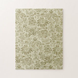 Botanical Brocade Toile Floral Green Sage Pattern Jigsaw Puzzle
