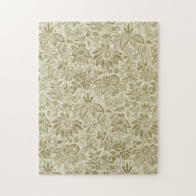 Botanical Brocade Toile Floral Green Sage Pattern Jigsaw Puzzle (Vertical)