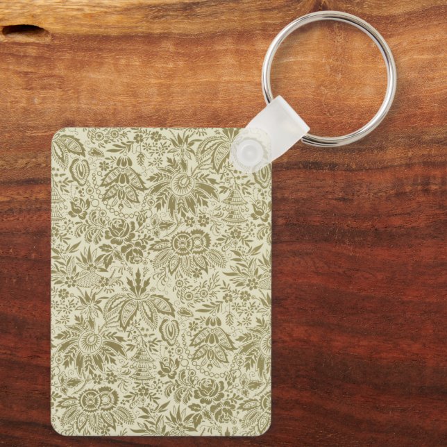Botanical Brocade Toile Floral Green Sage Pattern Keychain (Back)
