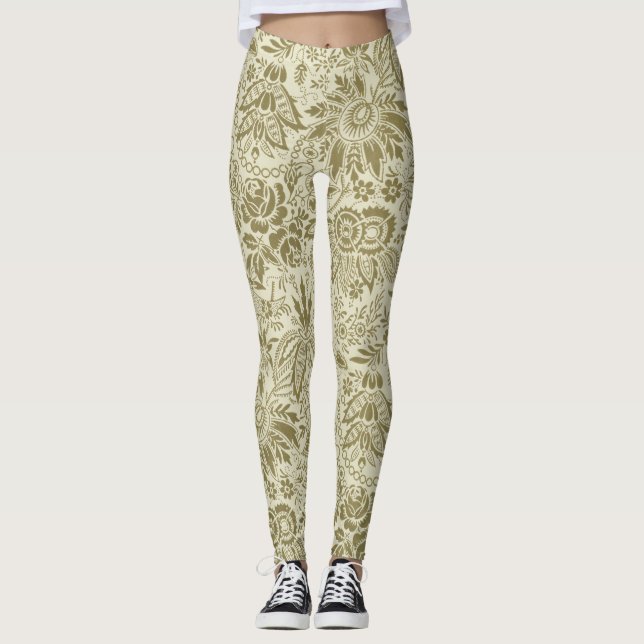 Botanical Brocade Toile Floral Green Sage Pattern Leggings (Front)