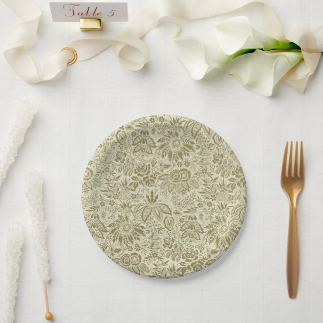 Botanical Brocade Toile Floral Green Sage Pattern Paper Plates (Wedding)