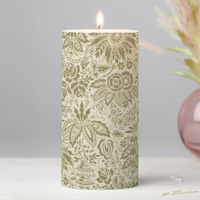 Botanical Brocade Toile Floral Green Sage Pattern Pillar Candle (In Situ)