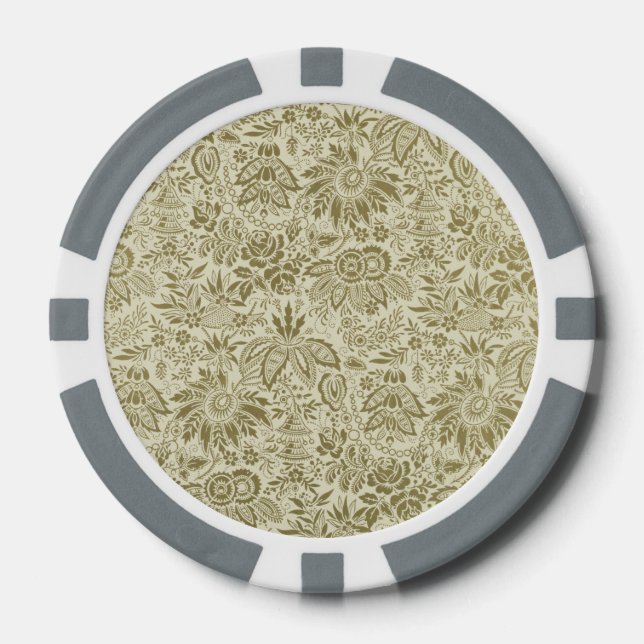 Botanical Brocade Toile Floral Green Sage Pattern Poker Chips (Front)
