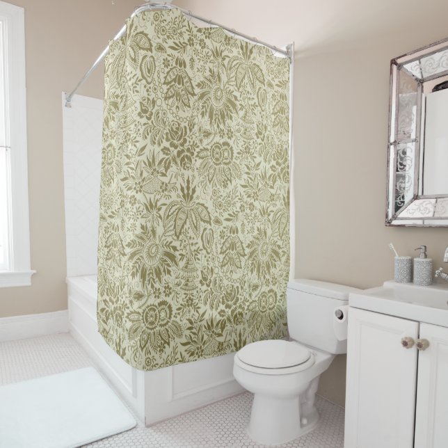 Botanical Brocade Toile Floral Green Sage Pattern Shower Curtain (In Situ)