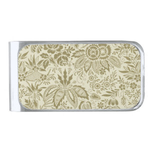 Botanical Brocade Toile Floral Green Sage Pattern Silver Finish Money Clip