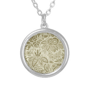 Botanical Brocade Toile Floral Green Sage Pattern Silver Plated Necklace