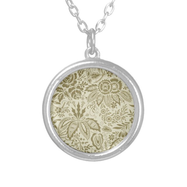 Botanical Brocade Toile Floral Green Sage Pattern Silver Plated Necklace (Front)