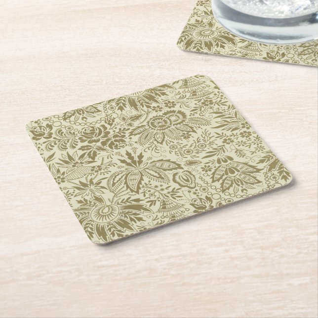 Botanical Brocade Toile Floral Green Sage Pattern Square Paper Coaster (Angled)
