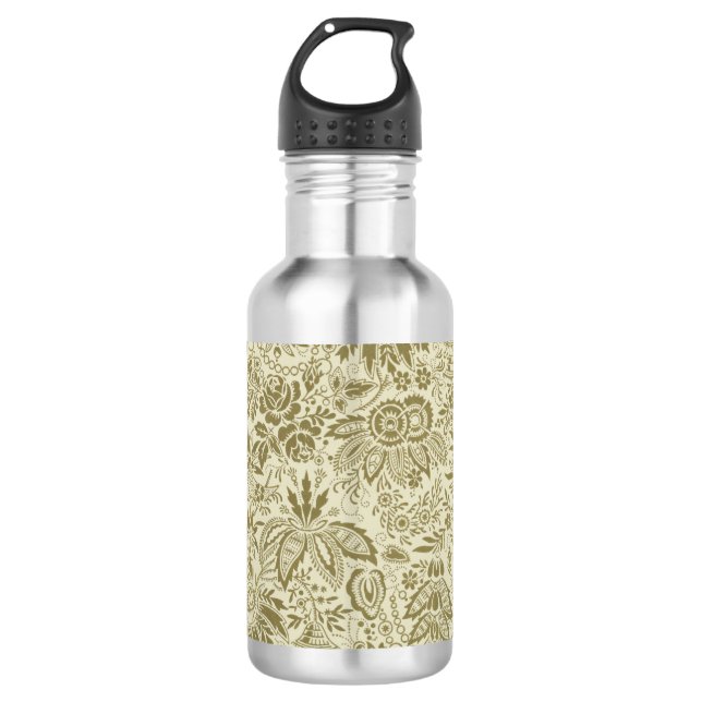 Botanical Brocade Toile Floral Green Sage Pattern Stainless Steel Water Bottle (Front)