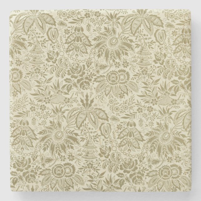 Botanical Brocade Toile Floral Green Sage Pattern Stone Coaster (Front)