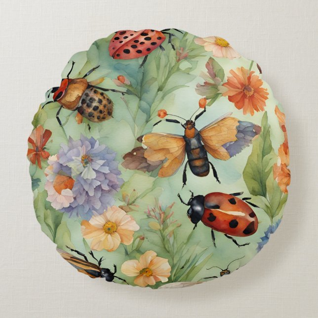 Botanical Bug Symphony Round Pillow (Front)