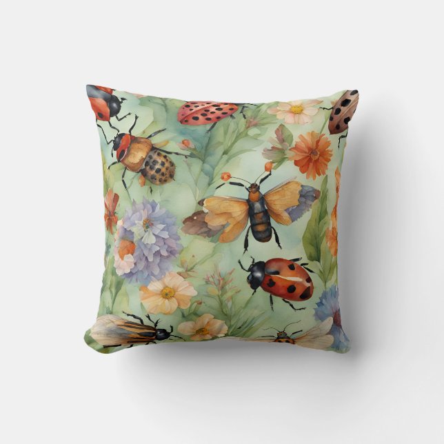 Botanical Bug Symphony Throw Pillow (Front)
