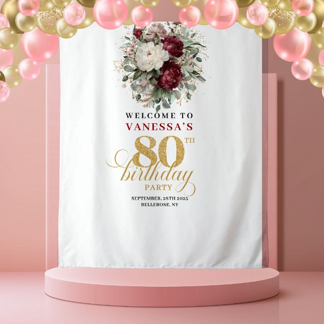 Botanical Burgundy 80th Birthday Backdrop (Botanical Burgundy 80th Birthday Backdrop)