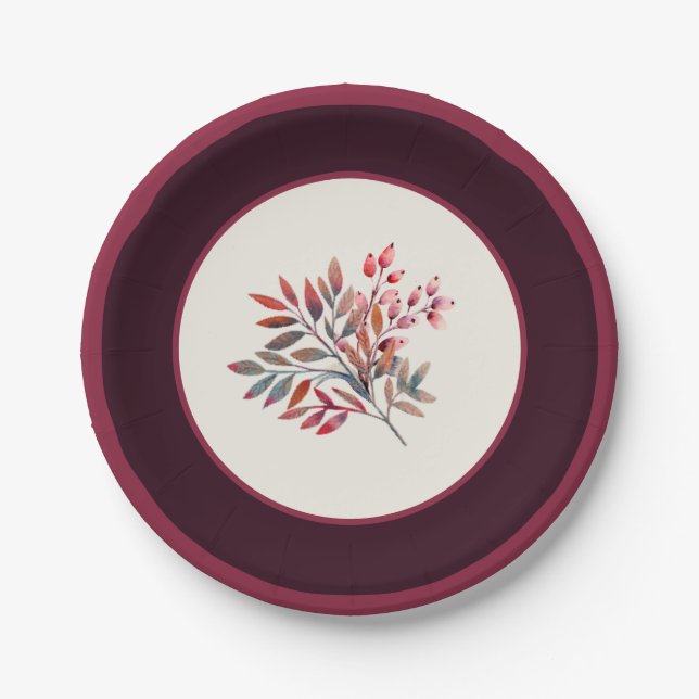 Botanical Burgundy Berry Stripe Paper Plates (Front)