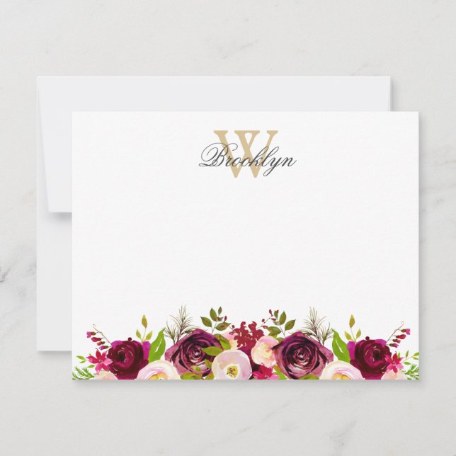 Botanical Burgundy Blush Floral Monogram Note Card (Front)