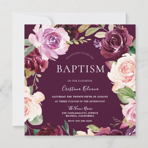 Botanical Burgundy Blush Watercolor Baby Baptism Invitation