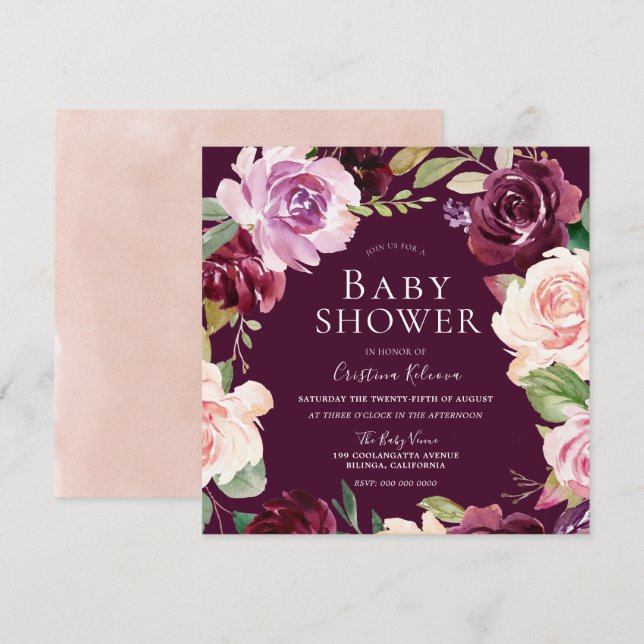 Botanical Burgundy Blush Watercolor Baby Shower Invitation (Front/Back)