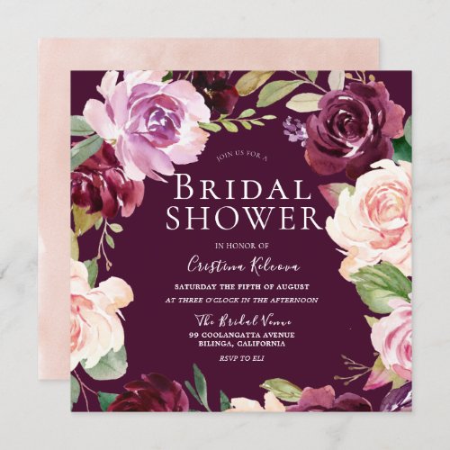 Botanical Burgundy Blush Watercolor Bridal Shower Invitation