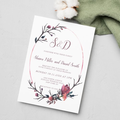 Botanical burgundy brown pink gray floral wedding invitation