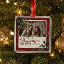 Botanical Burgundy Custom Photo Christmas Ornament