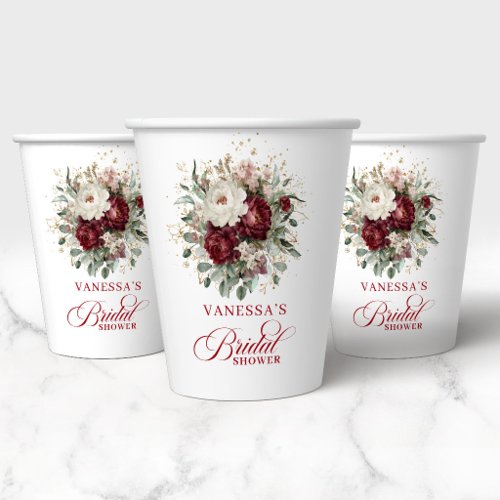 Botanical Burgundy Floral Bridal Shower Paper Cups