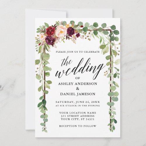 Botanical Burgundy Floral Calligraphy Wedding Invitation