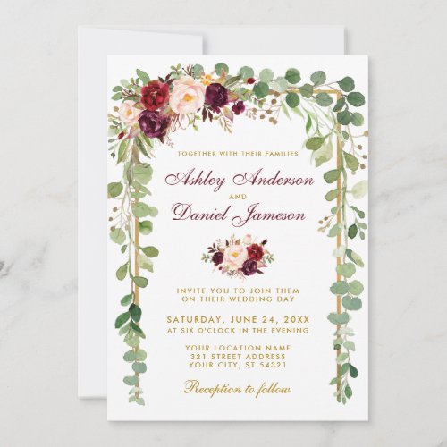 Botanical Burgundy Floral Gold Frame Wedding Invitation