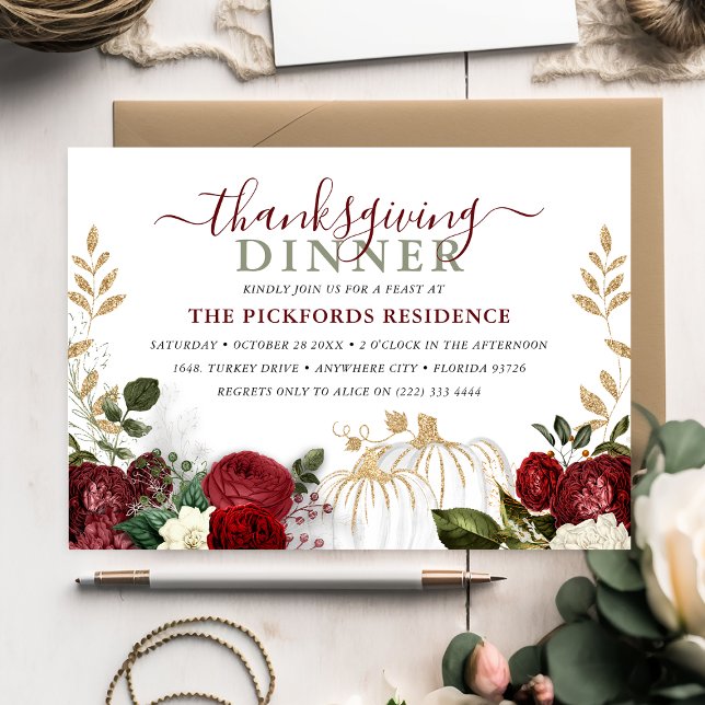 Botanical Burgundy Floral Pumpkin Thanksgiving Invitation (Creator Uploaded)