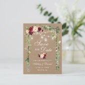 Botanical Burgundy Floral Save The Date Kraft Announcement Postcard (Standing Front)