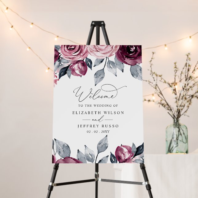 Botanical Burgundy Floral Wedding Welcome Sign (In Situ (Stand))