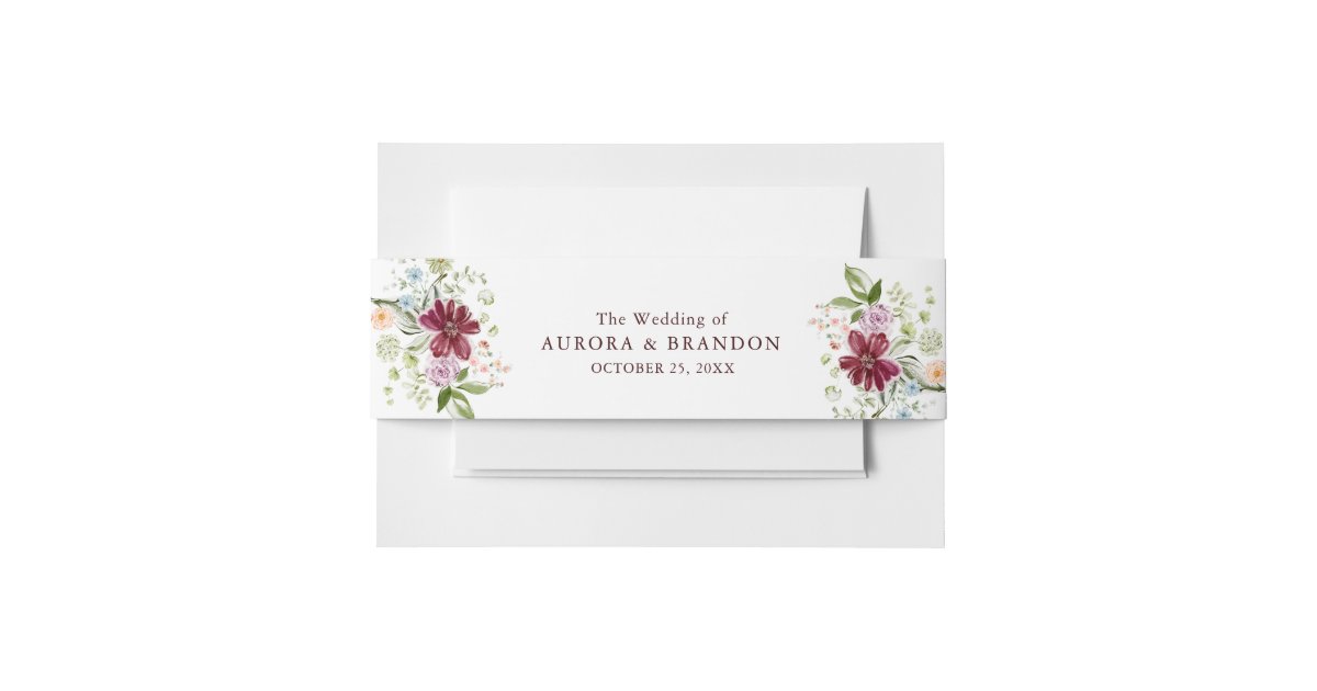 Asn Rda Invitation Botanical Burgundy Floral Wildflower Wedding Invitation Belly Band | Zazzle
