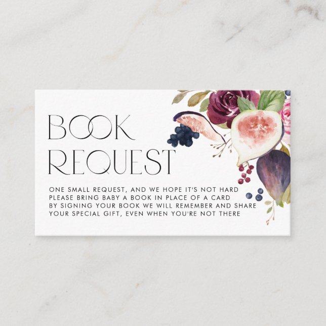 Botanical Burgundy Flowers and Figs Book Request Enclosure Card (Front)