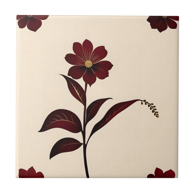 Botanical Burgundy Flowers with Gold Ceramic Tile (Front)